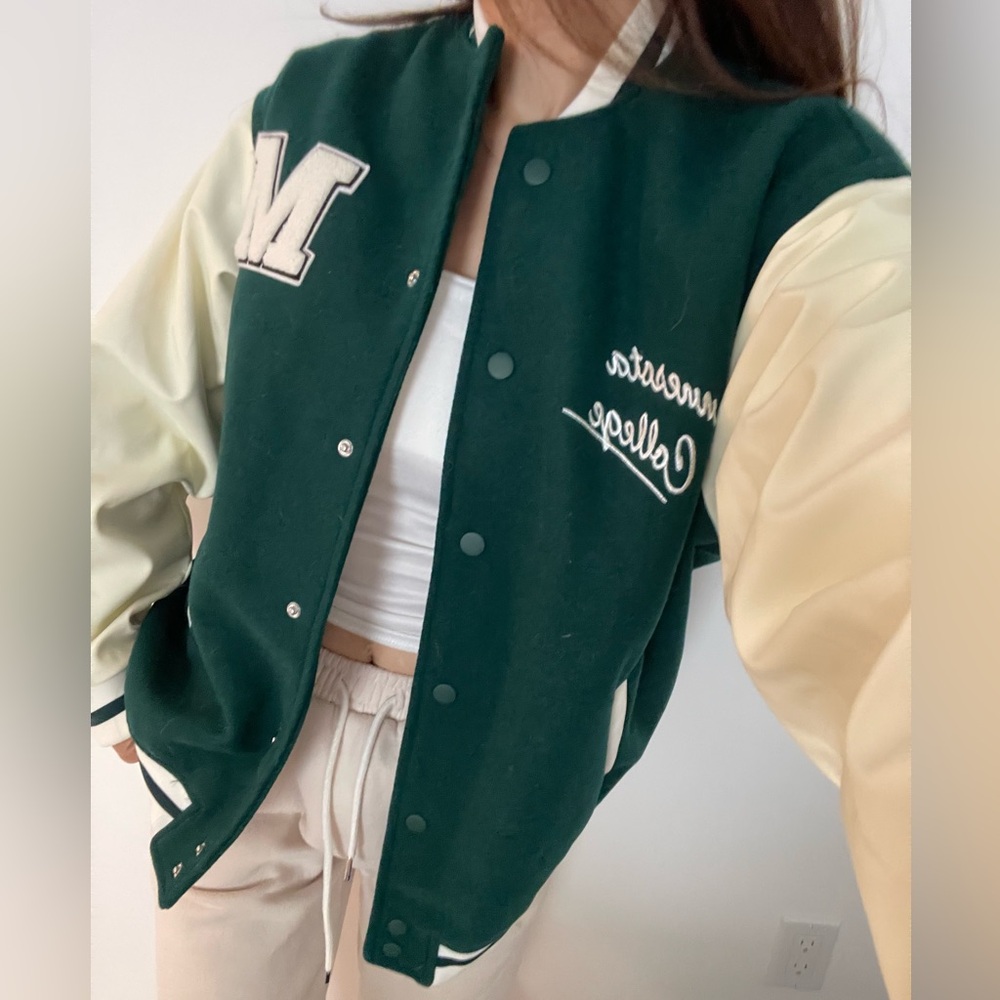 H&M Green and cream varsity jacket
